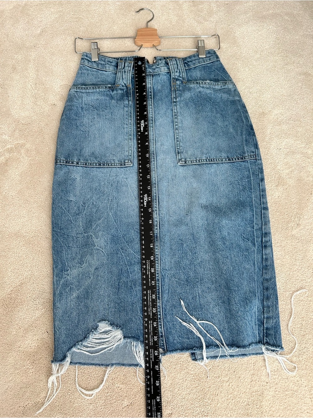 Free People Blue Distressed Denim Midi Pencil Skirt